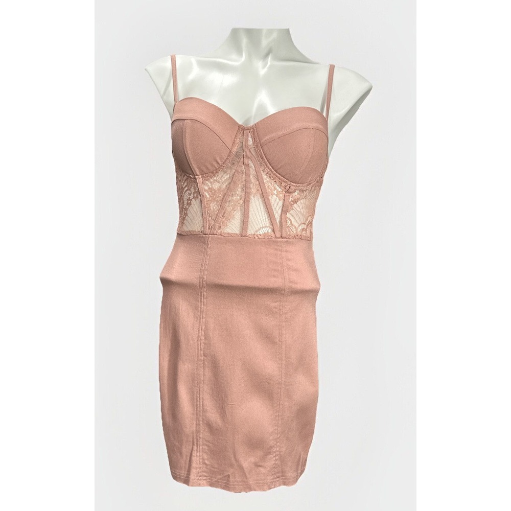 Haute Monde Medium Pink Denim Lace Corset Dress Molded Cup Adjustable Straps NWT